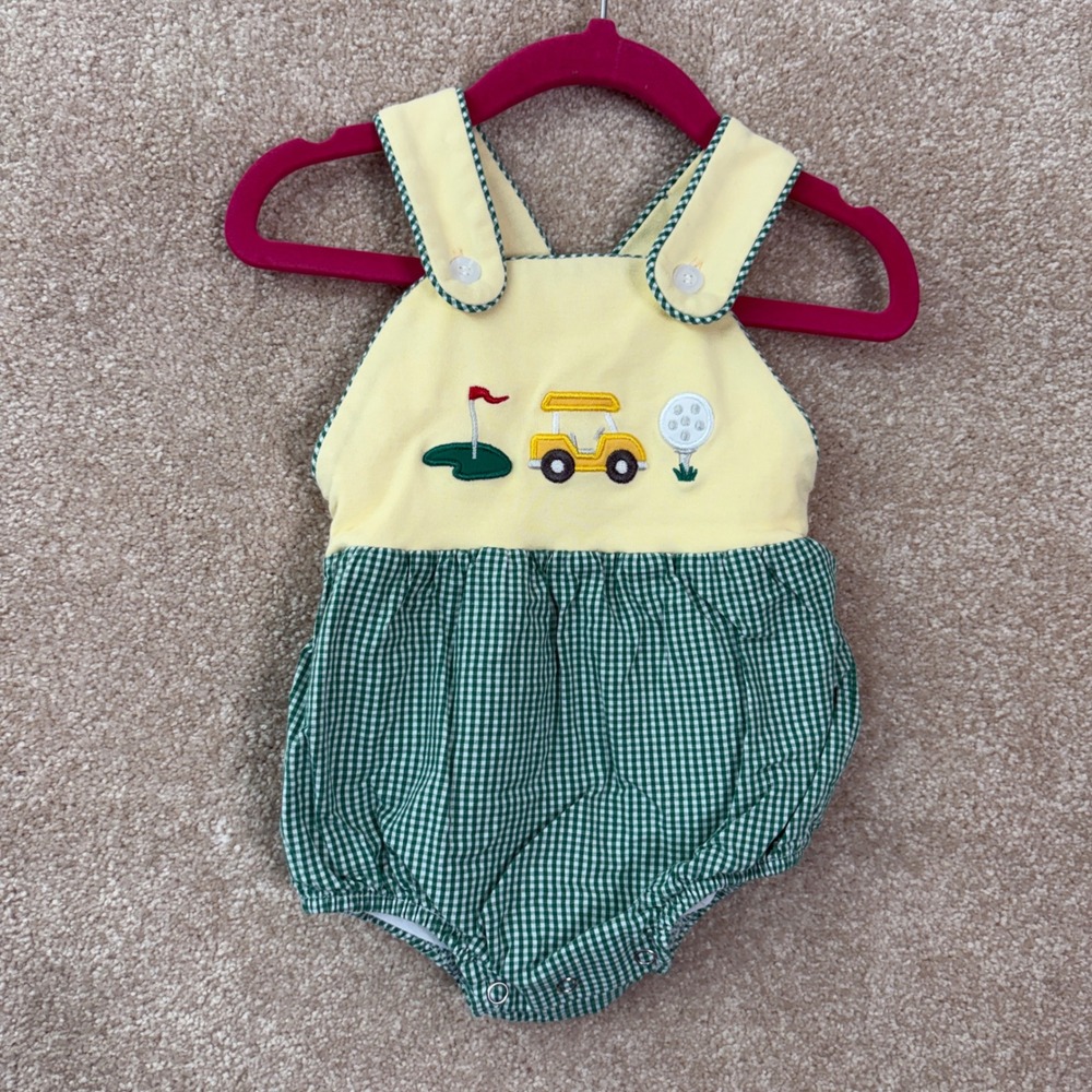 STITCHY FISH Bubble Romper Sunsuit 6M 6 Months Yellow Green Golf Embroidered